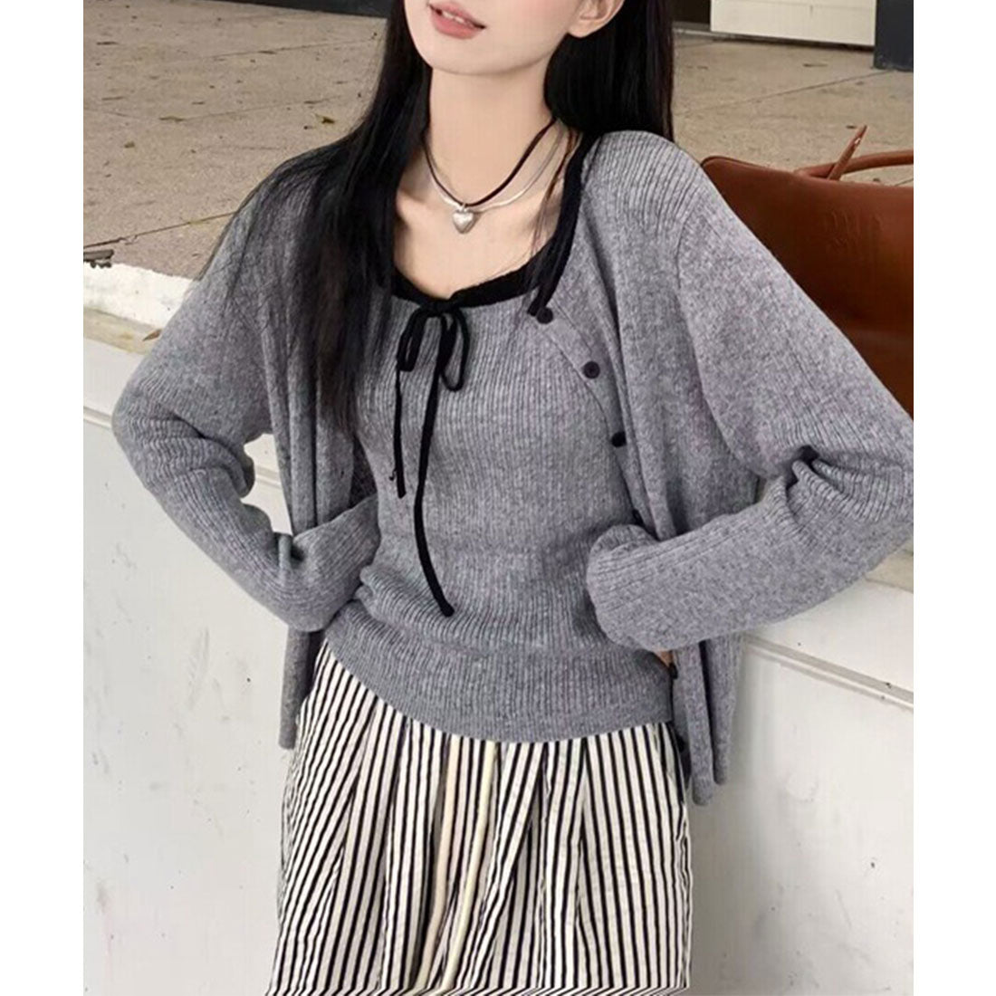 レースレディース Lace Ladies 配色 リボン ニット アンサンブル 2点セット (グレー) グレー