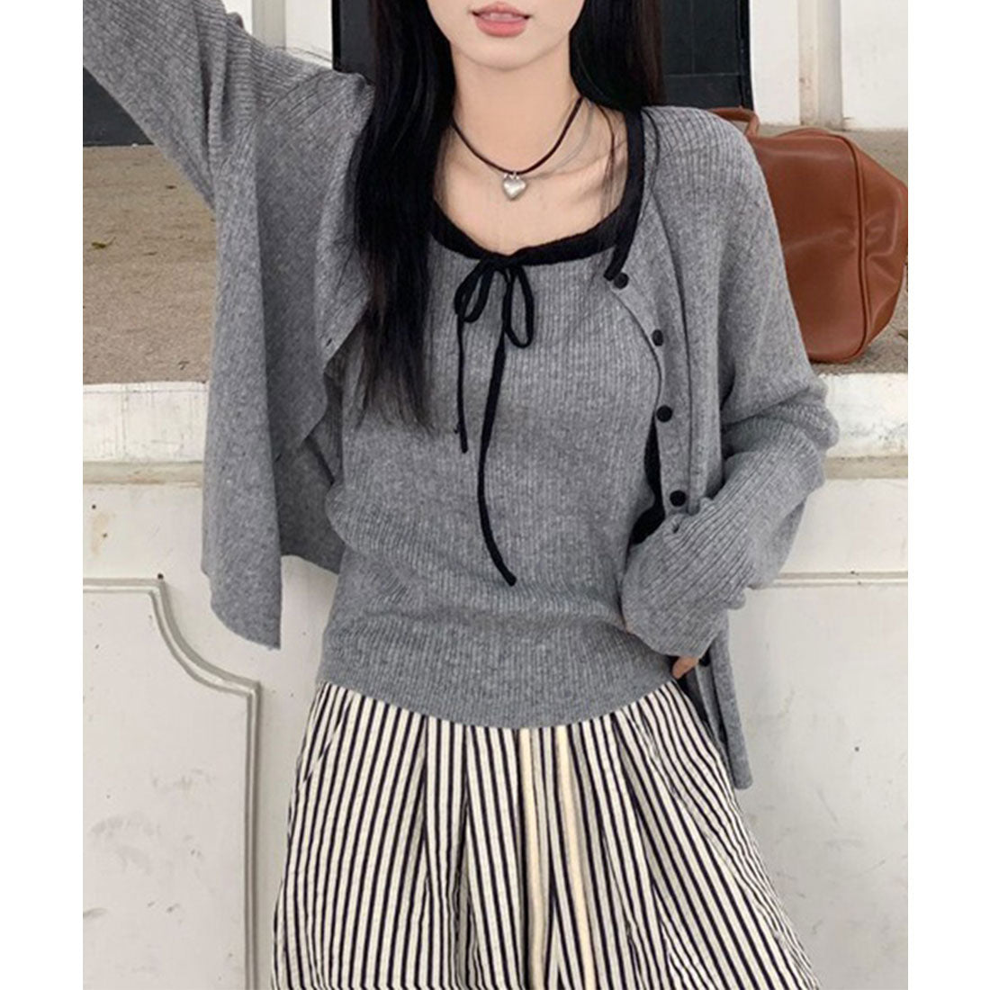 レースレディース Lace Ladies 配色 リボン ニット アンサンブル 2点セット (グレー) グレー