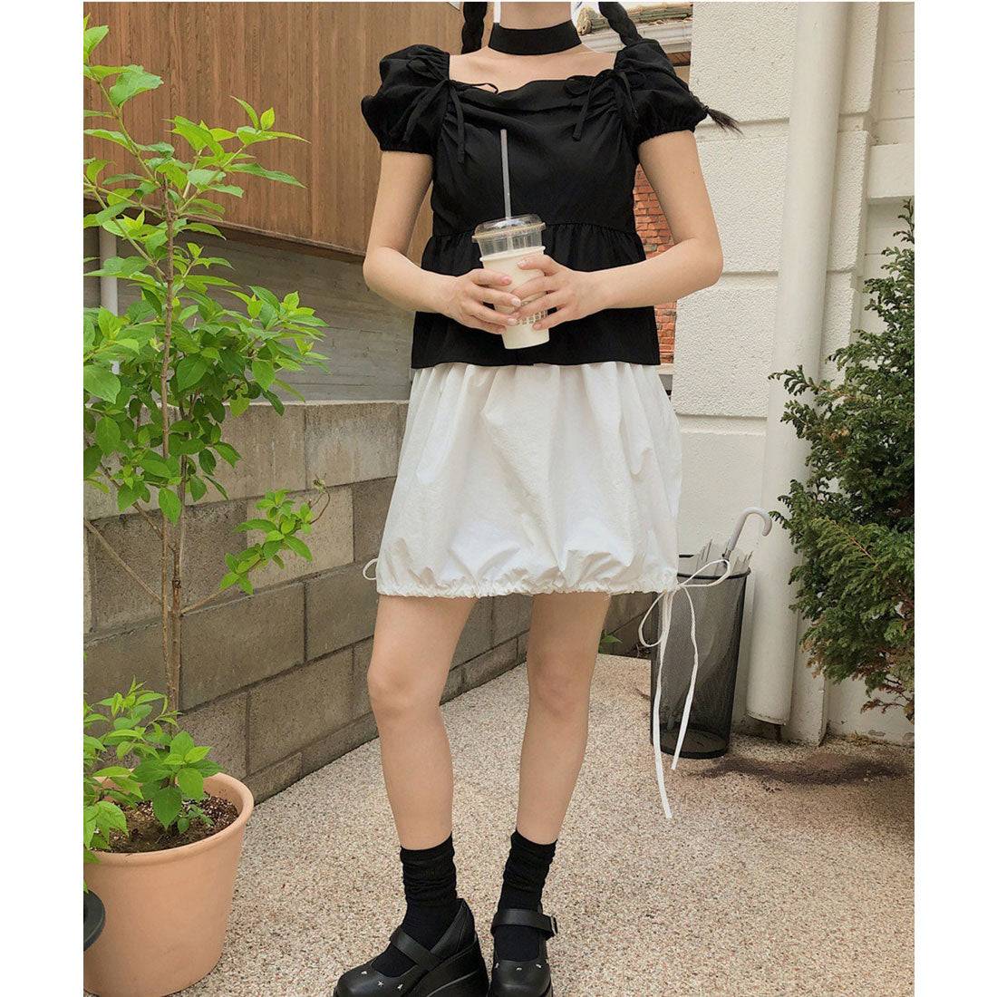 レースレディース Lace Ladies チョーカー付き リボン ペプラム パフスリーブ ブラウス (ブラック) ブラック