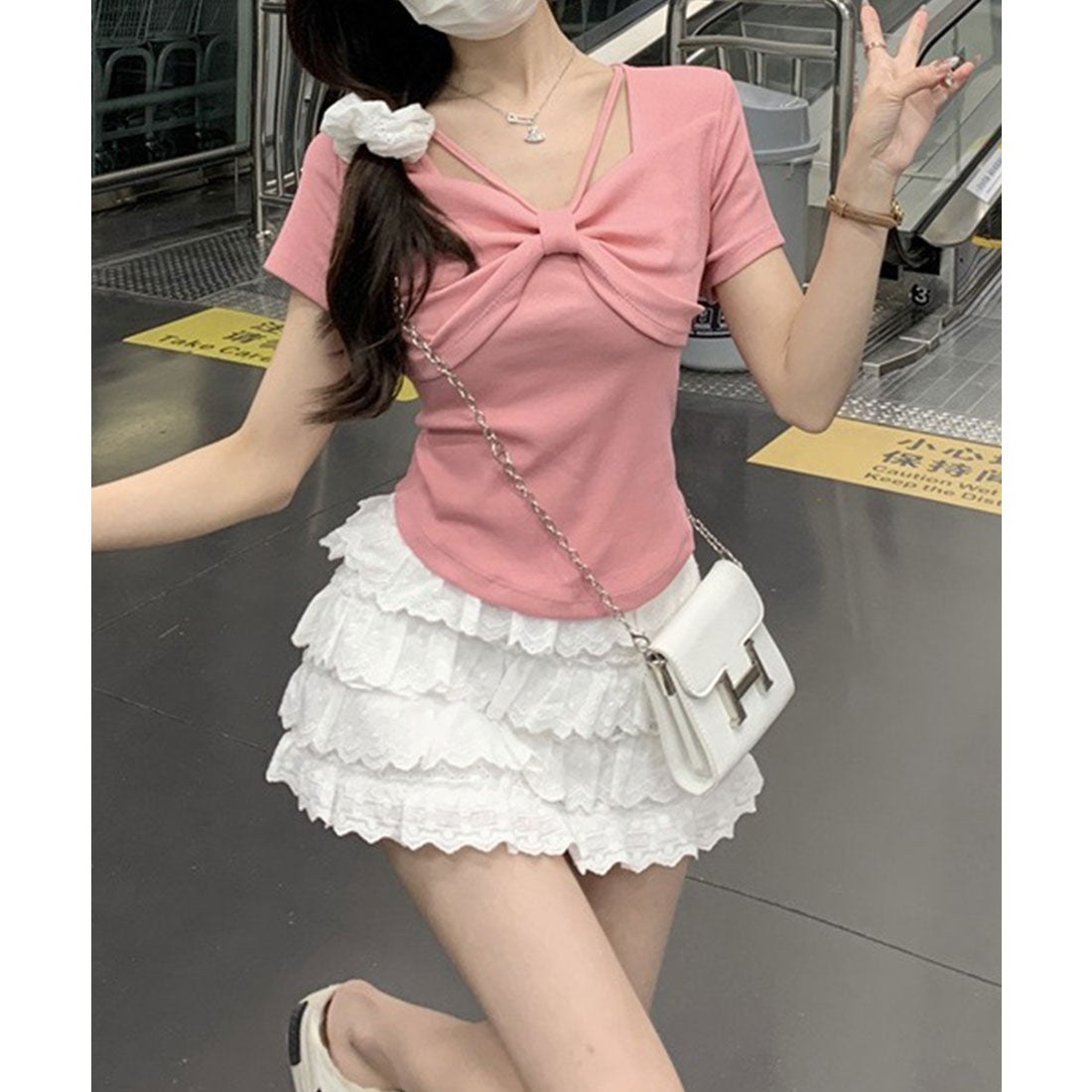 レースレディース Lace Ladies リボン ホルター デザイン 半袖 Tシャツ (ピンク) ピンク