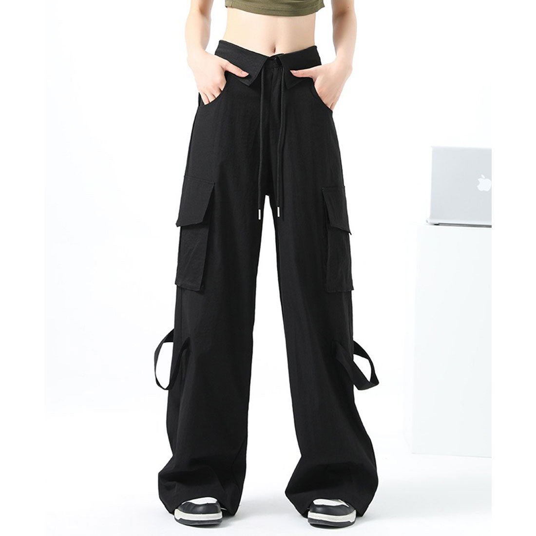 レースレディース Lace Ladies ハイウエスト 折り返し ワイド カーゴ パンツ (ブラック) ブラック