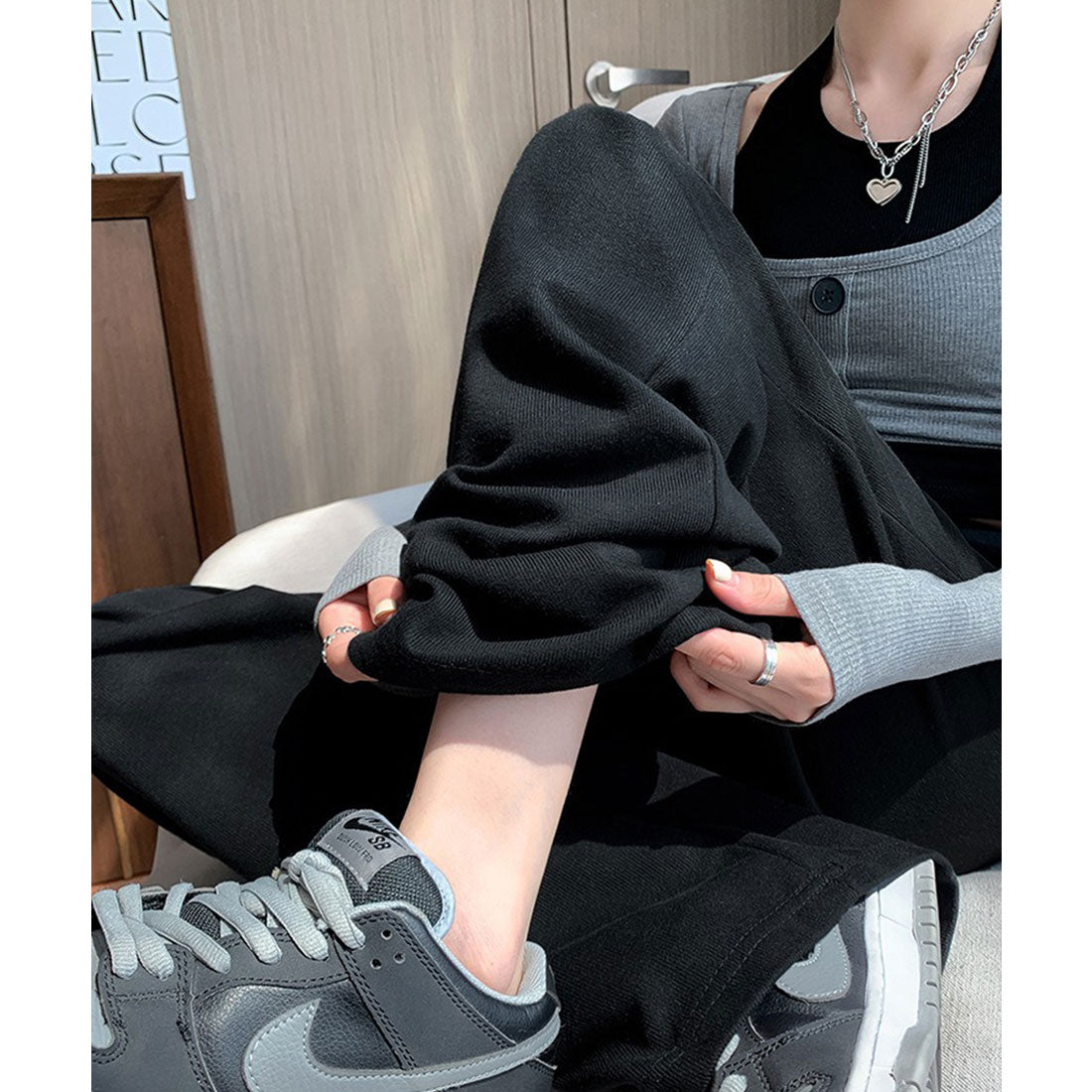 レースレディース Lace Ladies ウエスト レースアップ タック スウェット パンツ (ブラック) ブラック