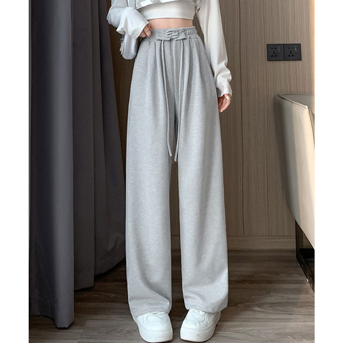 レースレディース Lace Ladies ウエスト レースアップ タック スウェット パンツ (ライトグレー) ライトグレー