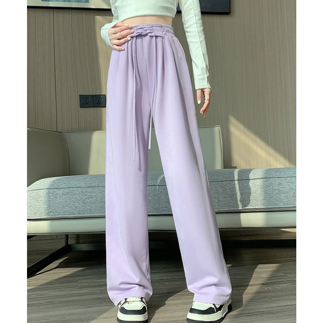 レースレディース Lace Ladies ウエスト レースアップ タック スウェット パンツ (パープル) パープル