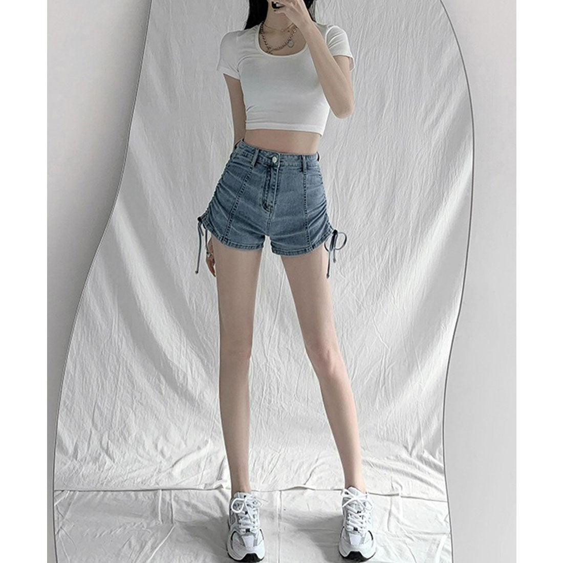 レースレディース Lace Ladies サイド シャーリング リボン デニム ショート パンツ (ブルー) ブルー