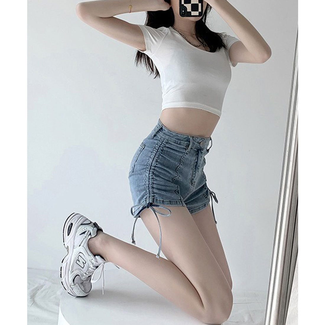 レースレディース Lace Ladies サイド シャーリング リボン デニム ショート パンツ (ブルー) ブルー