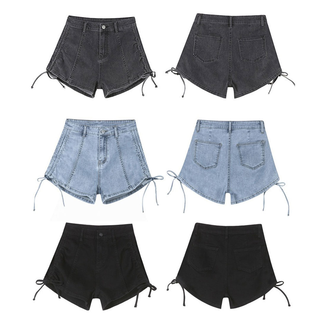 レースレディース Lace Ladies サイド シャーリング リボン デニム ショート パンツ (ブルー) ブルー