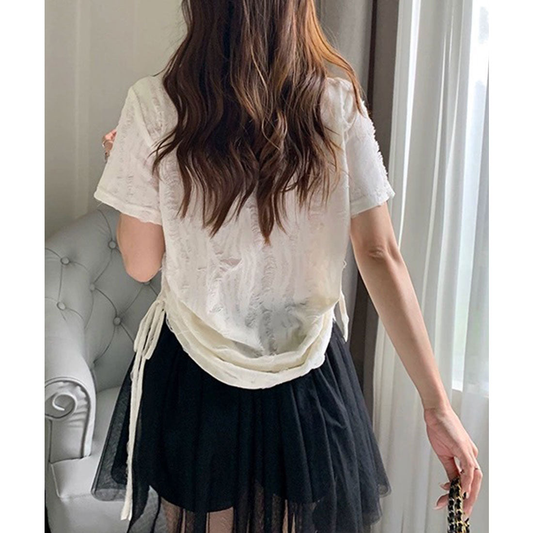 レースレディース Lace Ladies スター モチーフ ダメージ サイドシャーリング Tシャツ (アイボリー) アイボリー