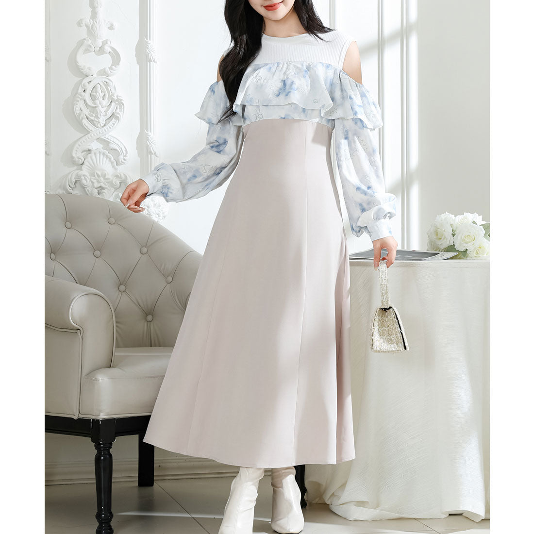 Race Ladies Lace Ladies Floral Off-Shoulder Blouse Docking Long One-Piece Dress