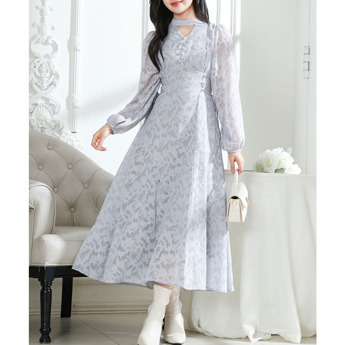 chinese dress ladies Race Ladies Lace Ladies Sheer Jacquard Lace Choker-Style Long Dress