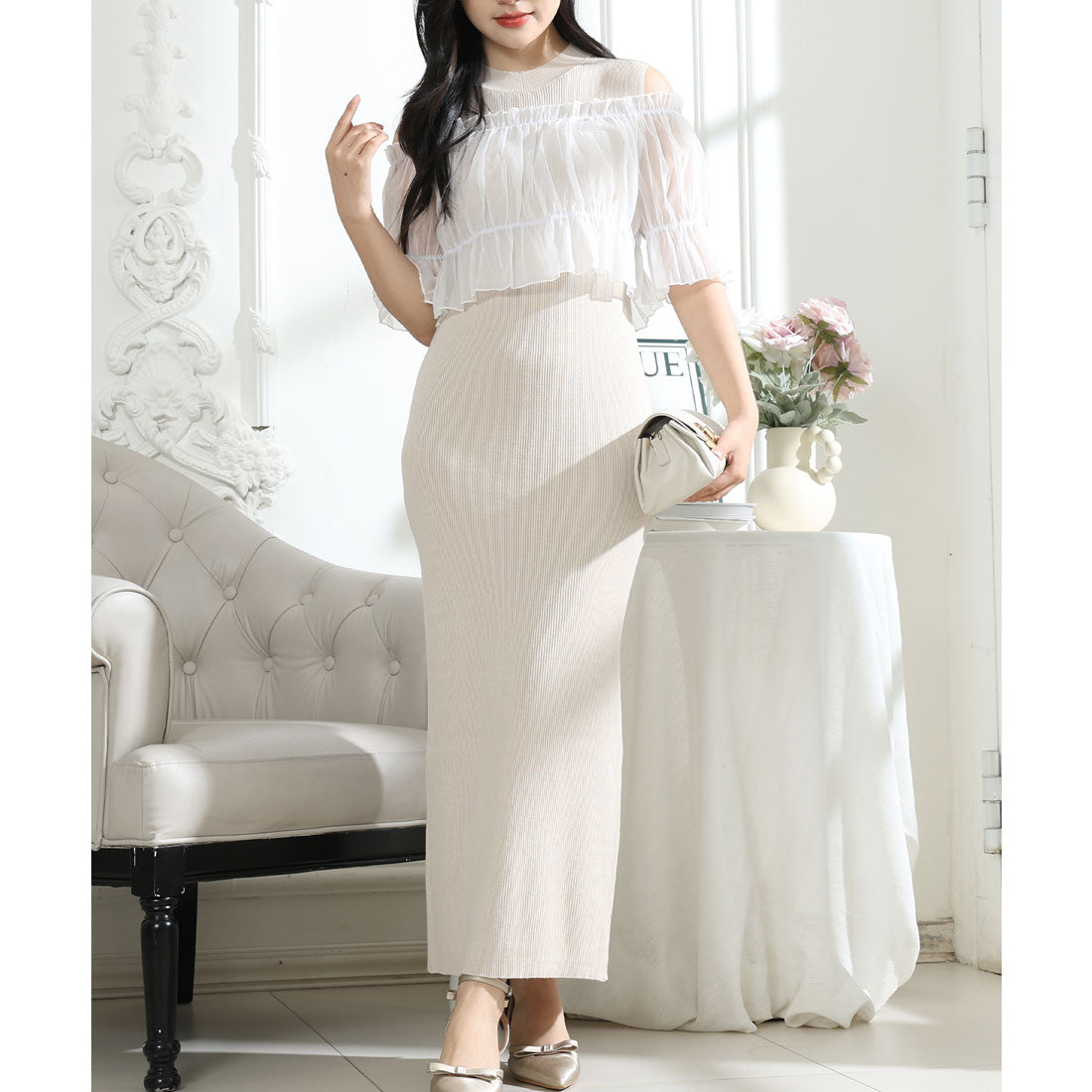 レースレディース Lace Ladies シアー リボンオフショルトップス付き リブニット ワンピー (ベージュ) ベージュ