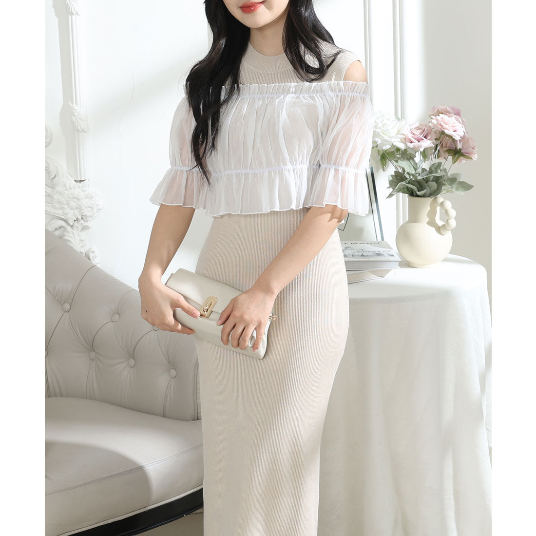 レースレディース Lace Ladies シアー リボンオフショルトップス付き リブニット ワンピー (ベージュ) ベージュ