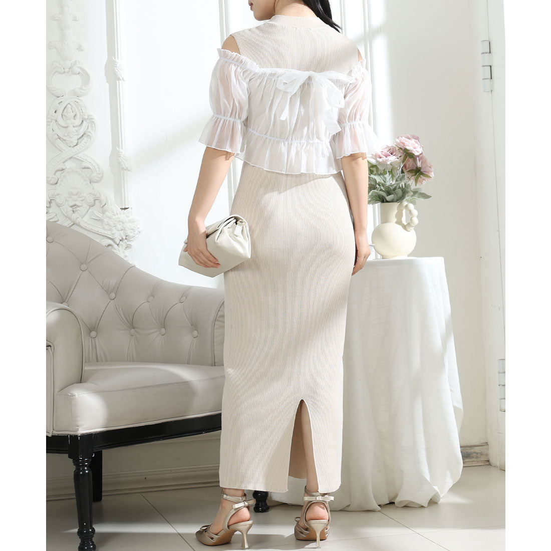 レースレディース Lace Ladies シアー リボンオフショルトップス付き リブニット ワンピー (ベージュ) ベージュ