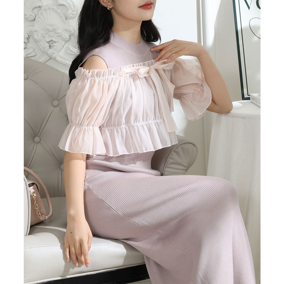 レースレディース Lace Ladies シアー リボンオフショルトップス付き リブニット ワンピース (ピンク) ピンク