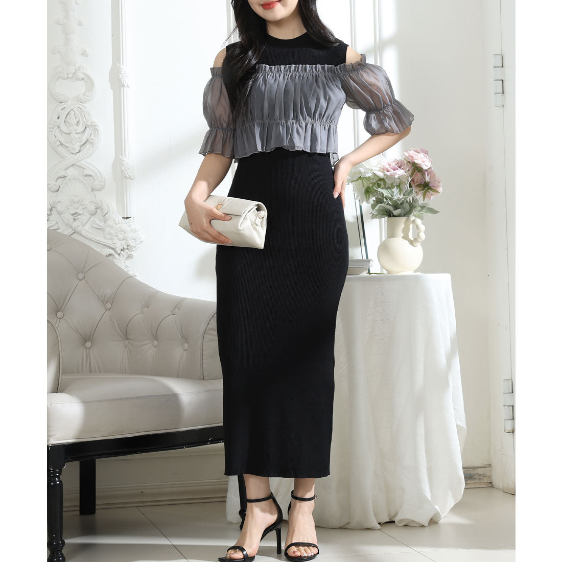 レースレディース Lace Ladies シアー リボンオフショルトップス付き リブニット ワンピー (ブラック) ブラック