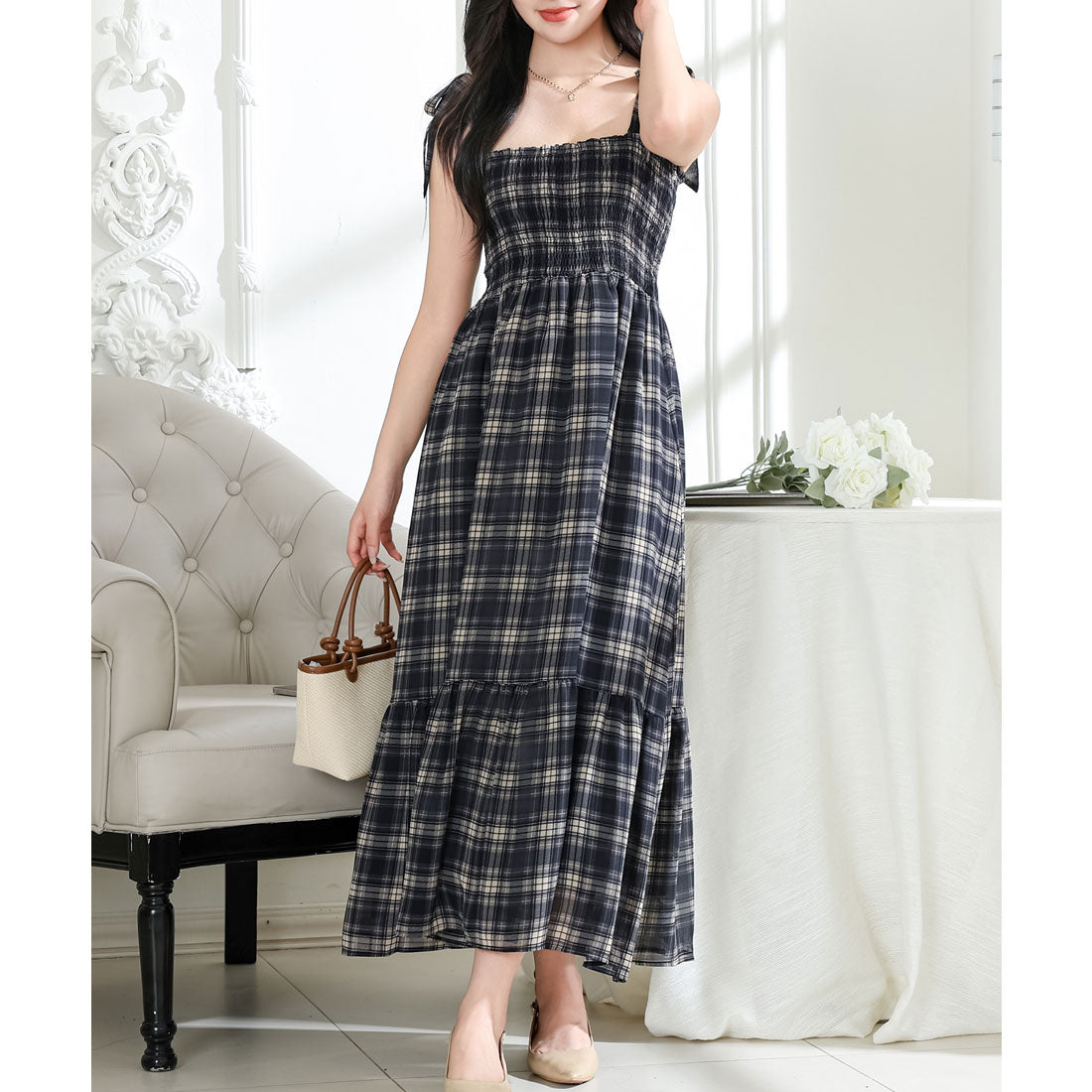 Race Ladies Lace Ladies Tartan Check Shoulder Ribbon Shirring Camisole Dress