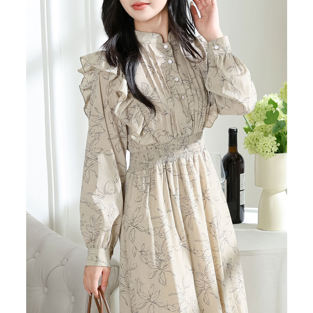 Race Ladies Lace Ladies Flower Print Frill Stand Collar Dress