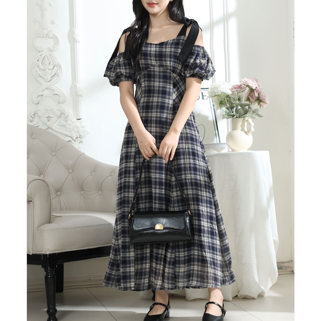 Race Ladies Lace Ladies Tartan Check Shoulder Ribbon Off-Shoulder Long Dress