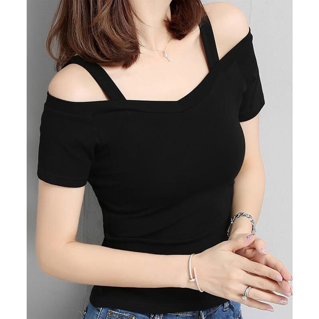 レースレディース Lace Ladies オフショル ストラップ付き 半袖 Vネック カットソー (ブラック) ブラック