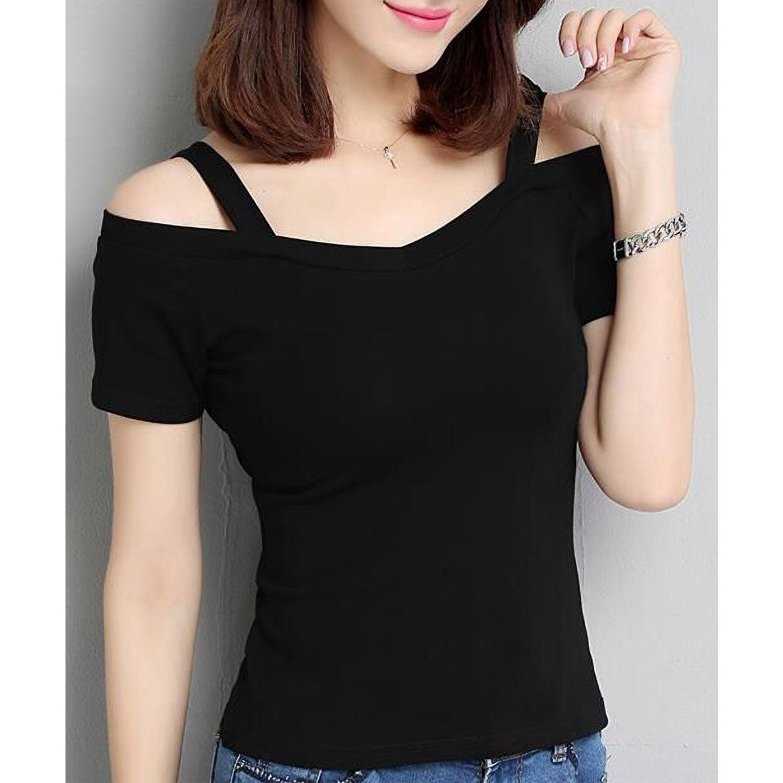 レースレディース Lace Ladies オフショル ストラップ付き 半袖 Vネック カットソー (ブラック) ブラック