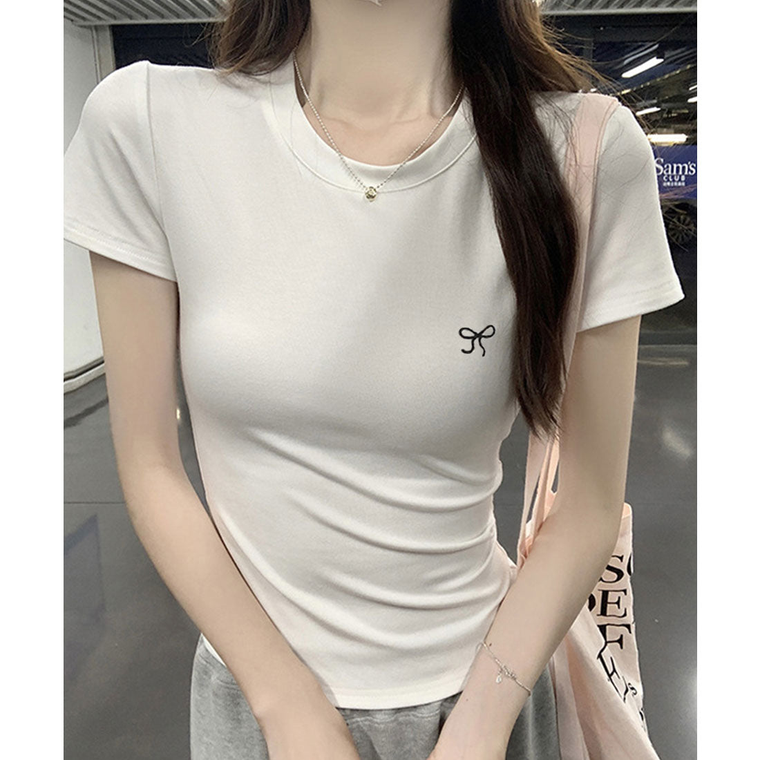 レースレディース Lace Ladies ワンポイント リボン刺繍 クルーネック 半袖 Tシャツ (ホワイト) ホワイト