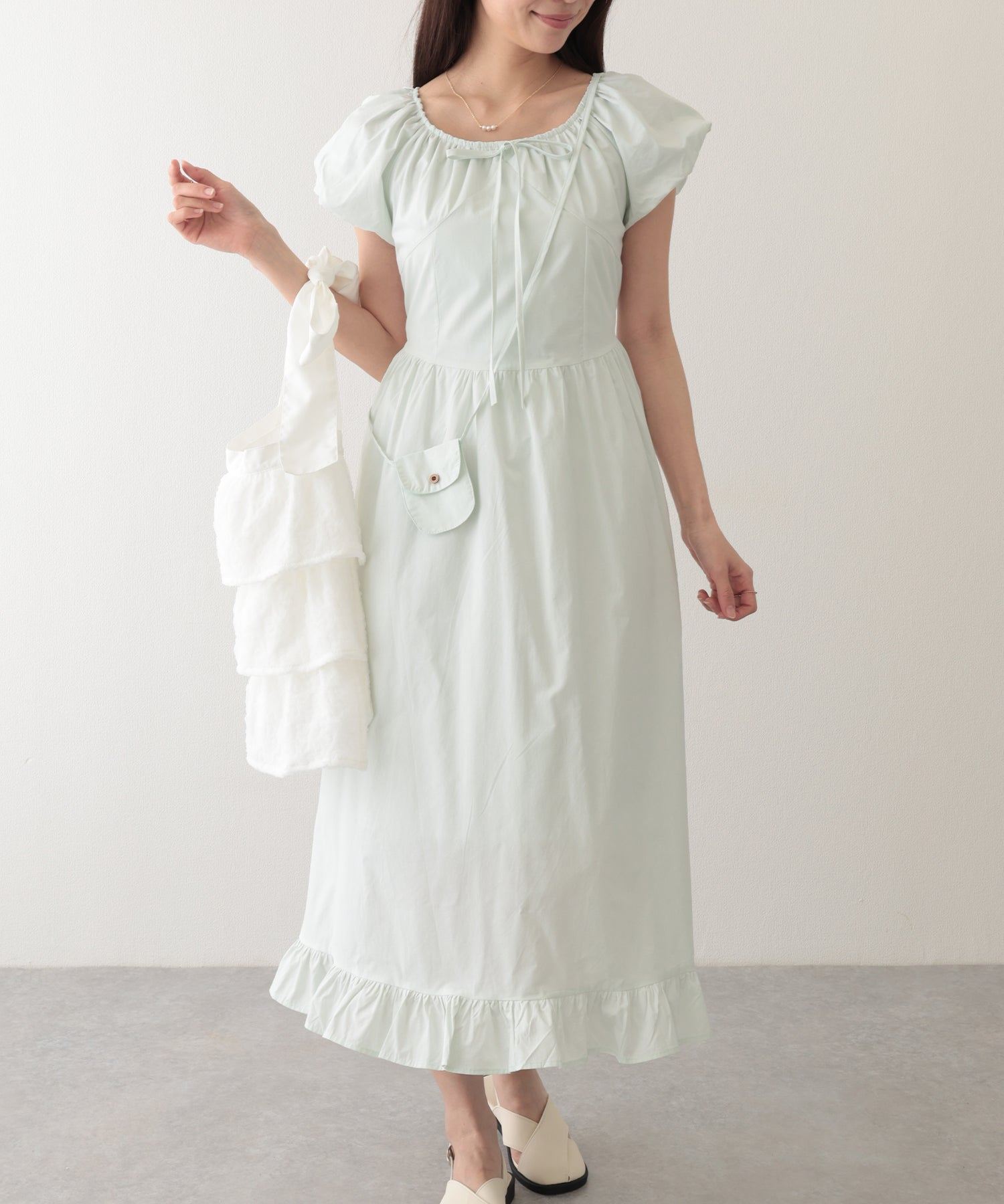 Lace Ladies Long Dress with Gathered Round Neck and Pouch Lace Ladies Long Dress with Gathered Round Neck and Pouch
