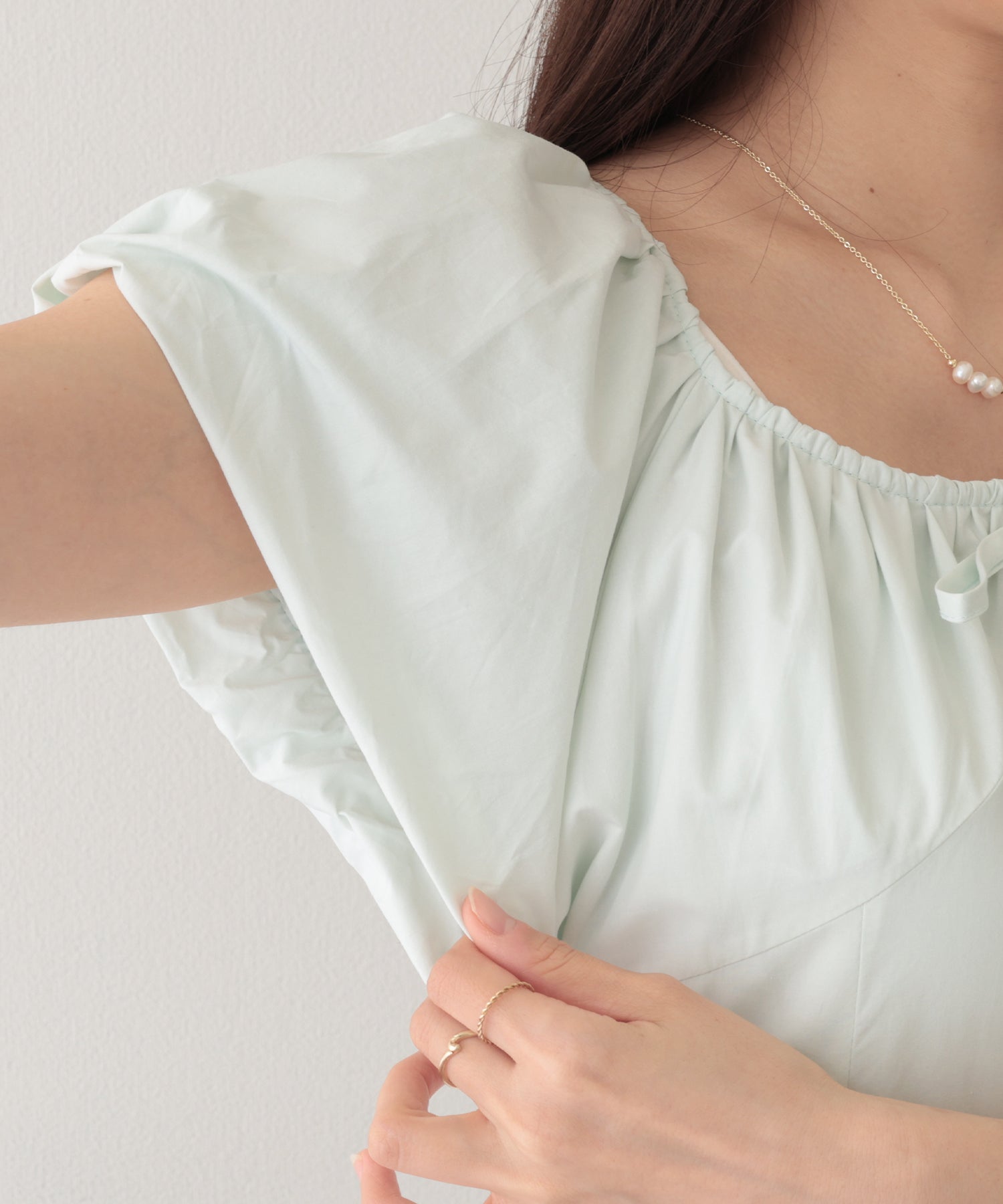 レースレディース Lace Ladies ポシェット付き ラウンドネック ギャザー ロング ワンピース (グリーン) グリーン