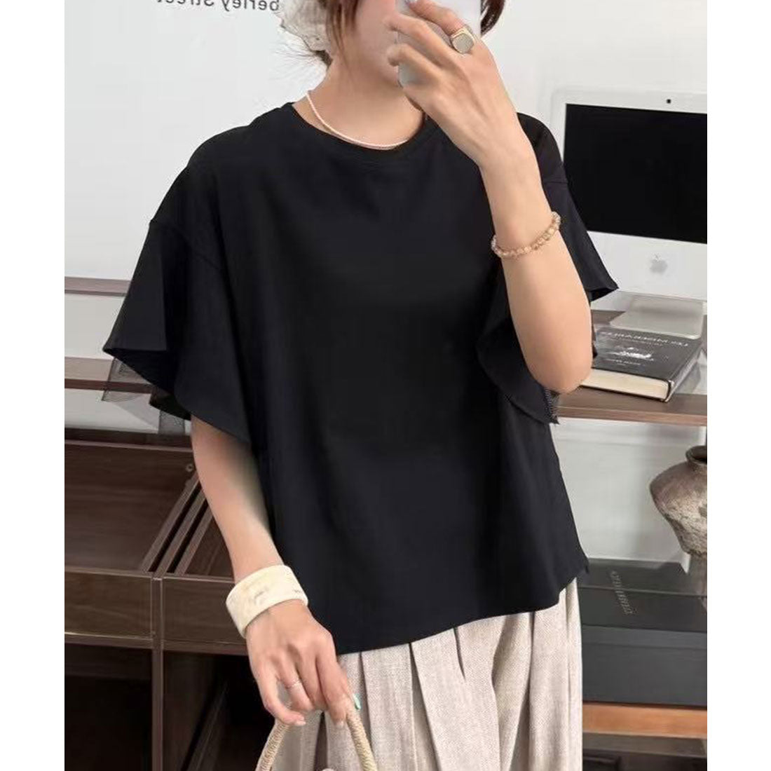 レースレディース Lace Ladies フリルショルダー チュール ドッキング オーバーサイズ 半袖 Tシャツ (ブラック) ブラック