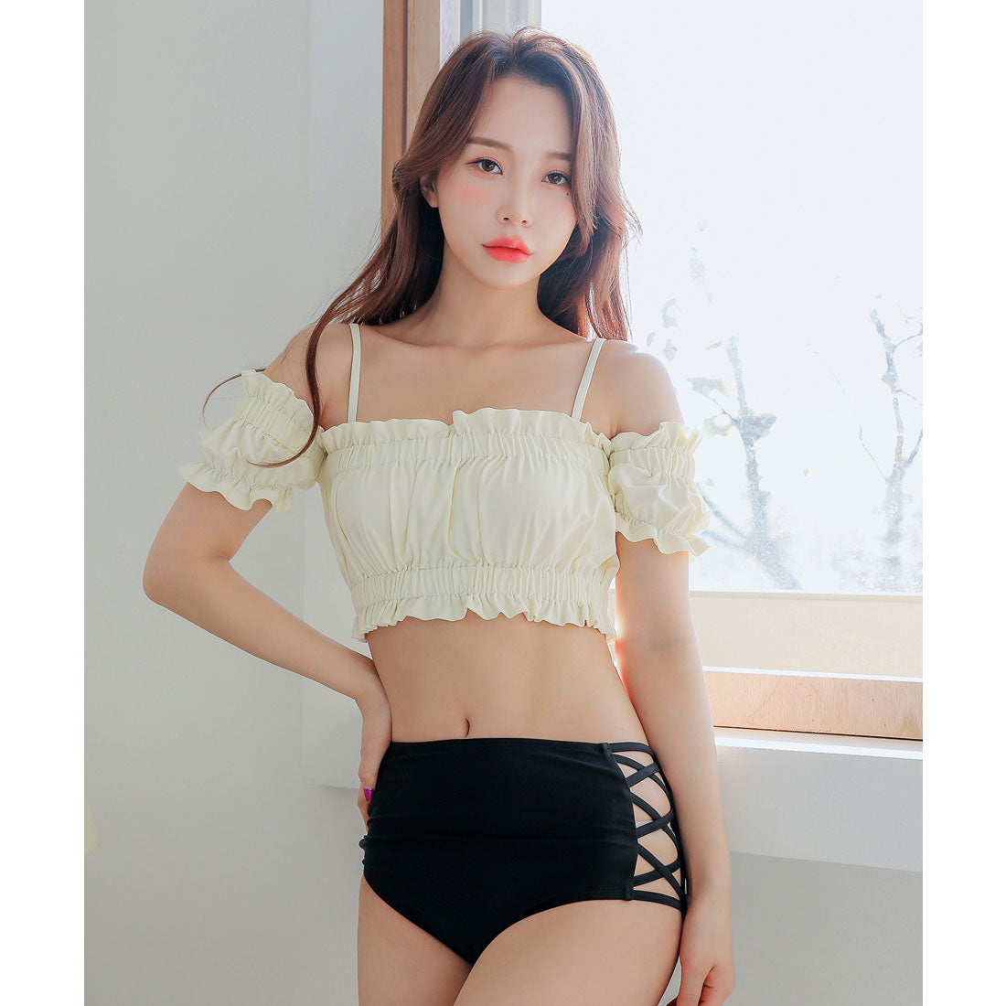 レースレディース Lace Ladies オフショルダーハイウエストショーツビキニ水着2点セット【返品不可商品】,アイボリー/ブラック