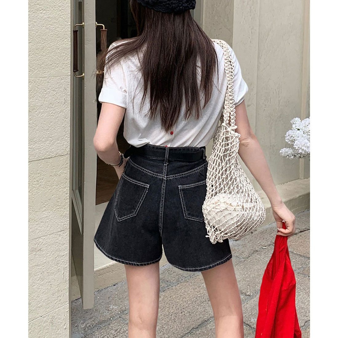レースレディース Lace Ladies タック ステッチ入り ハイウエスト Aライン デニム ショートパンツ (ブラック) ブラック