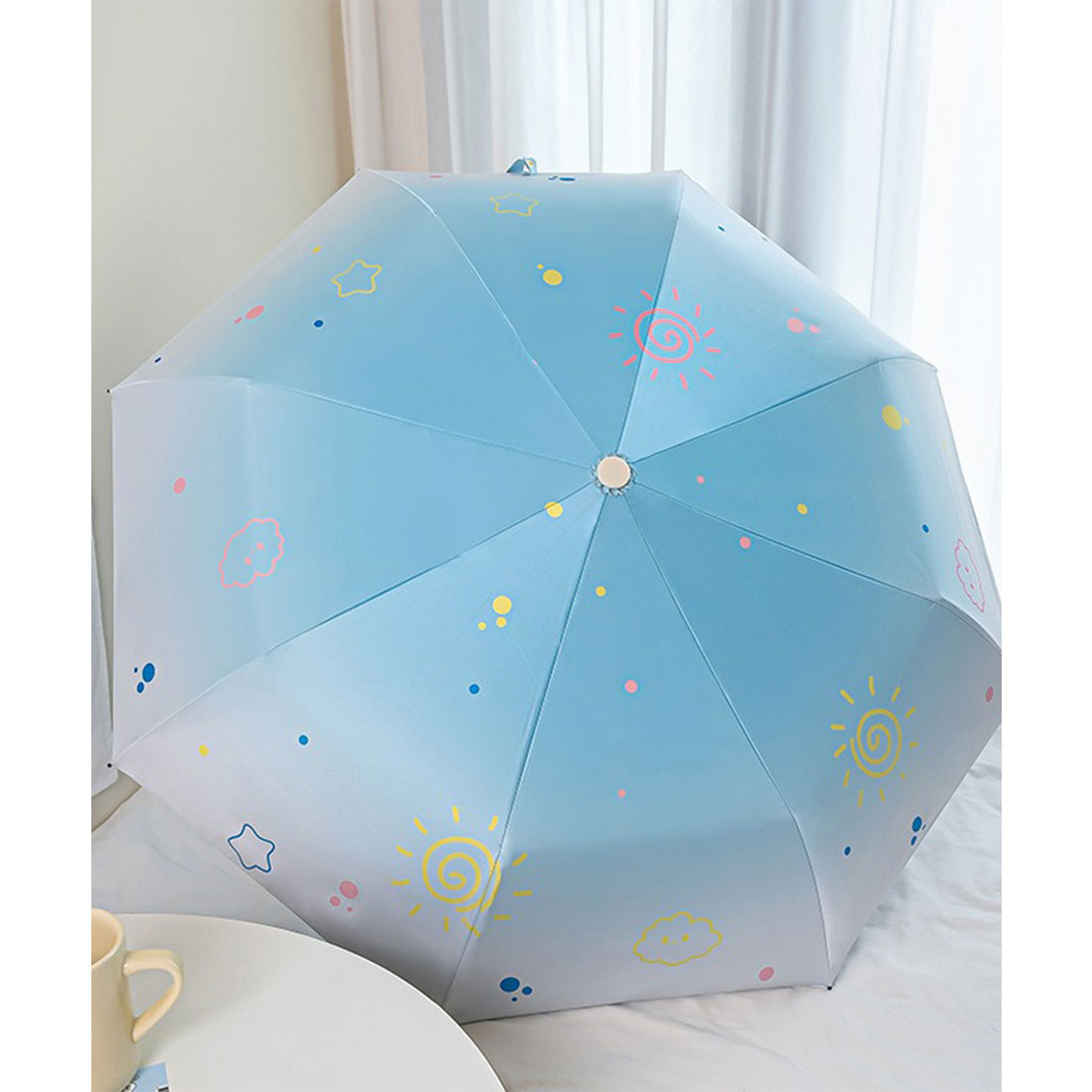 レースレディース Lace Ladies 晴雨兼用 グラデーションカラー イラスト ハンドル 折りたたみ傘 (ブルー) ブルー