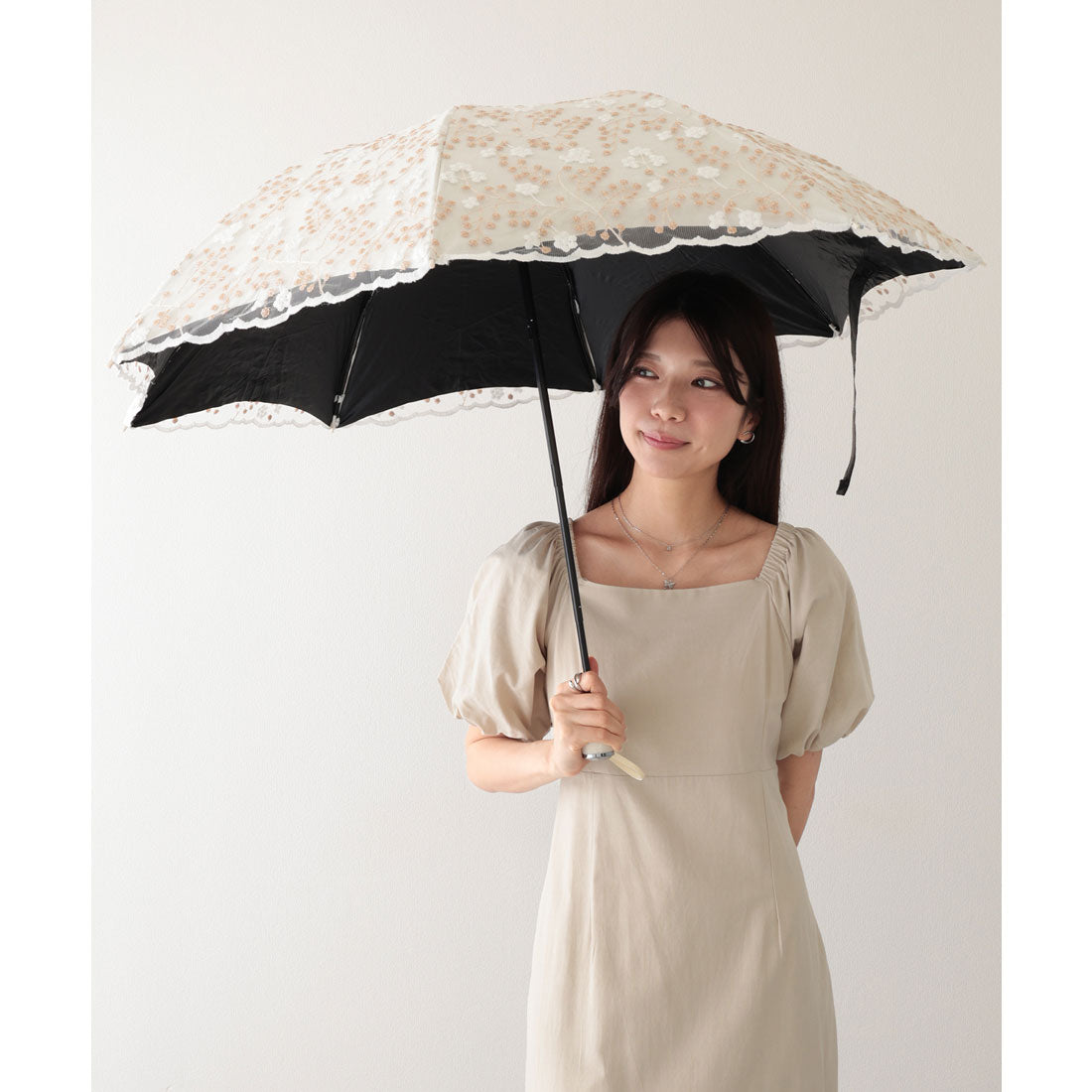 レースレディース Lace Ladies 晴雨兼用 小花柄 刺繍 レース レイヤード 折りたたみ傘 (ベージュ) ベージュ
