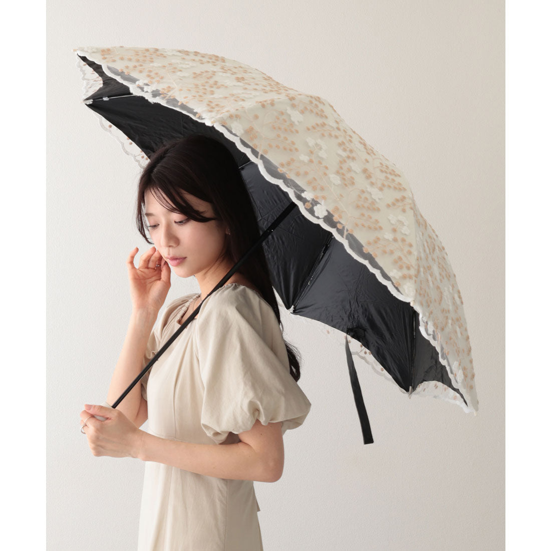 レースレディース Lace Ladies 晴雨兼用 小花柄 刺繍 レース レイヤード 折りたたみ傘 (ベージュ) ベージュ