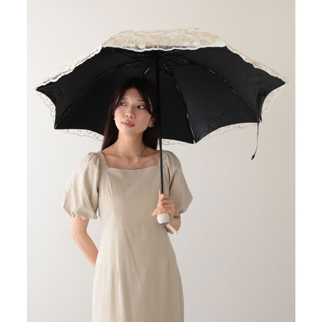 レースレディース Lace Ladies 晴雨兼用 小花柄 刺繍 レース レイヤード 折りたたみ傘 (ベージュ) ベージュ