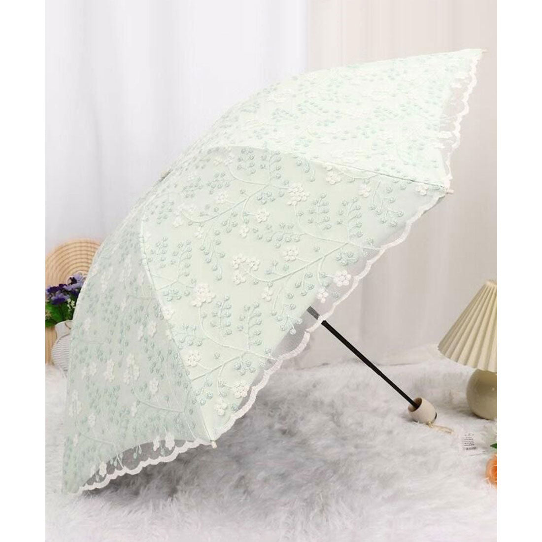 レースレディース Lace Ladies 晴雨兼用 小花柄 刺繍 レース レイヤード 折りたたみ傘 (グリーン) グリーン