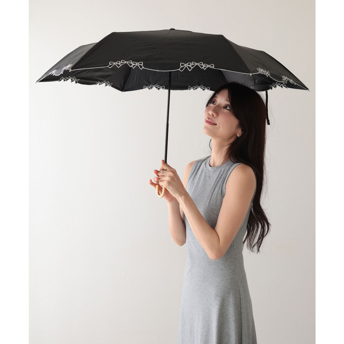 レースレディース Lace Ladies 晴雨兼用 配色 リボン フレーム 折りたたみ傘 (ブラック) ブラック