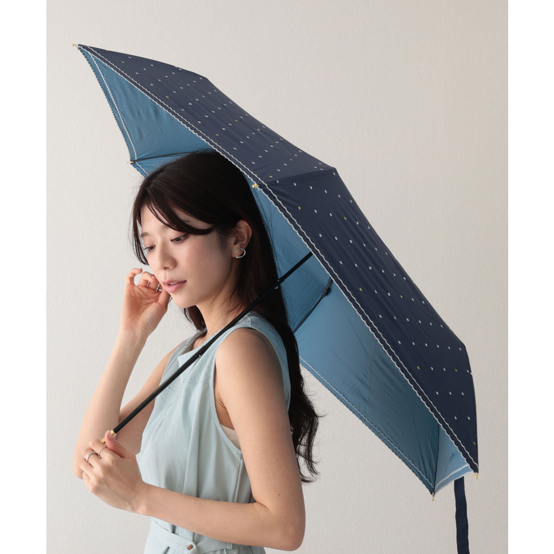 レースレディース Lace Ladies ダブル スカラップ ドット柄 三つ折り 折りたたみ傘 (ネイビー) ネイビー