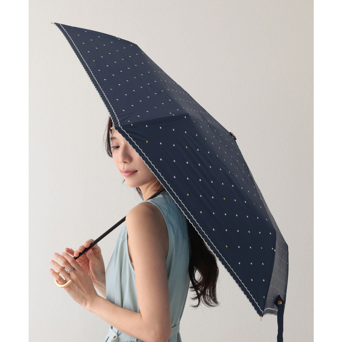 レースレディース Lace Ladies ダブル スカラップ ドット柄 三つ折り 折りたたみ傘 (ネイビー) ネイビー