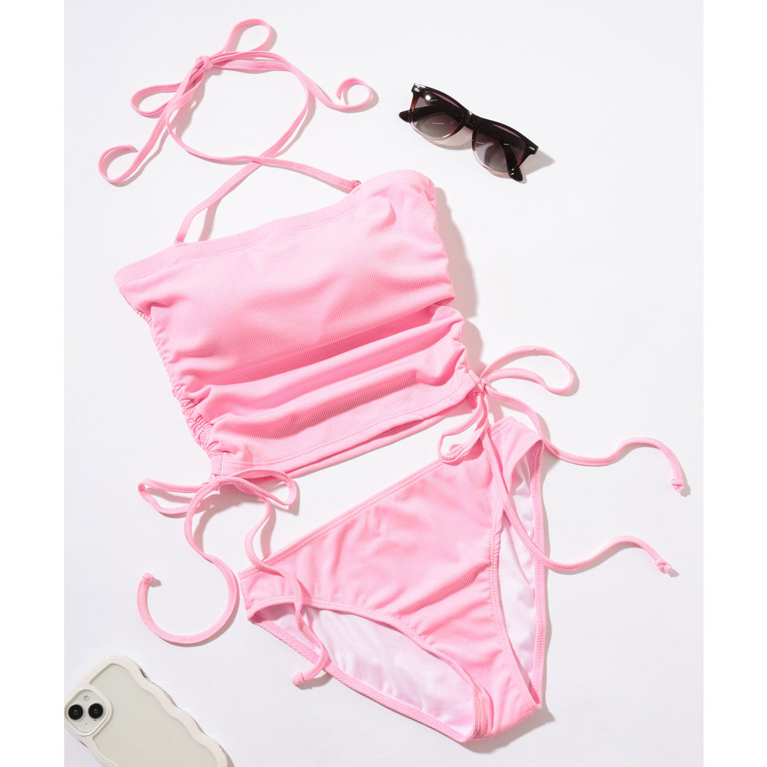 レースレディース Lace Ladies 【2点セット】2WAY ホルターネック サイドシャーリング ビキニ 水着 (ピンク) ピンク