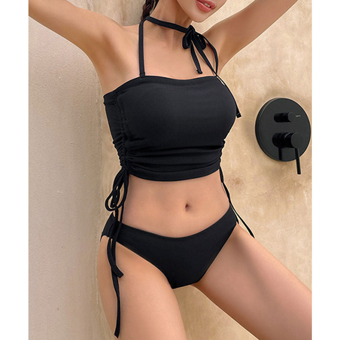 レースレディース Lace Ladies 【2点セット】2WAY ホルターネック サイドシャーリング ビキニ 水着 (ブラック) ブラック