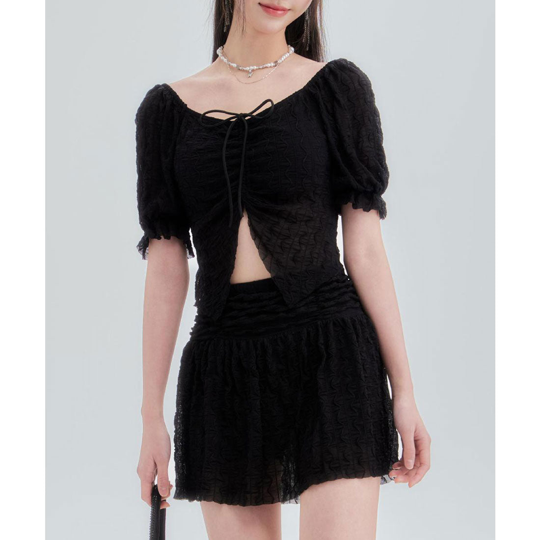 レースレディース Lace Ladies 【2点セット】フロントシャーリング シアー パフスリーブ セパレート 水着【返品不可商品】 (ブラック) ブラック