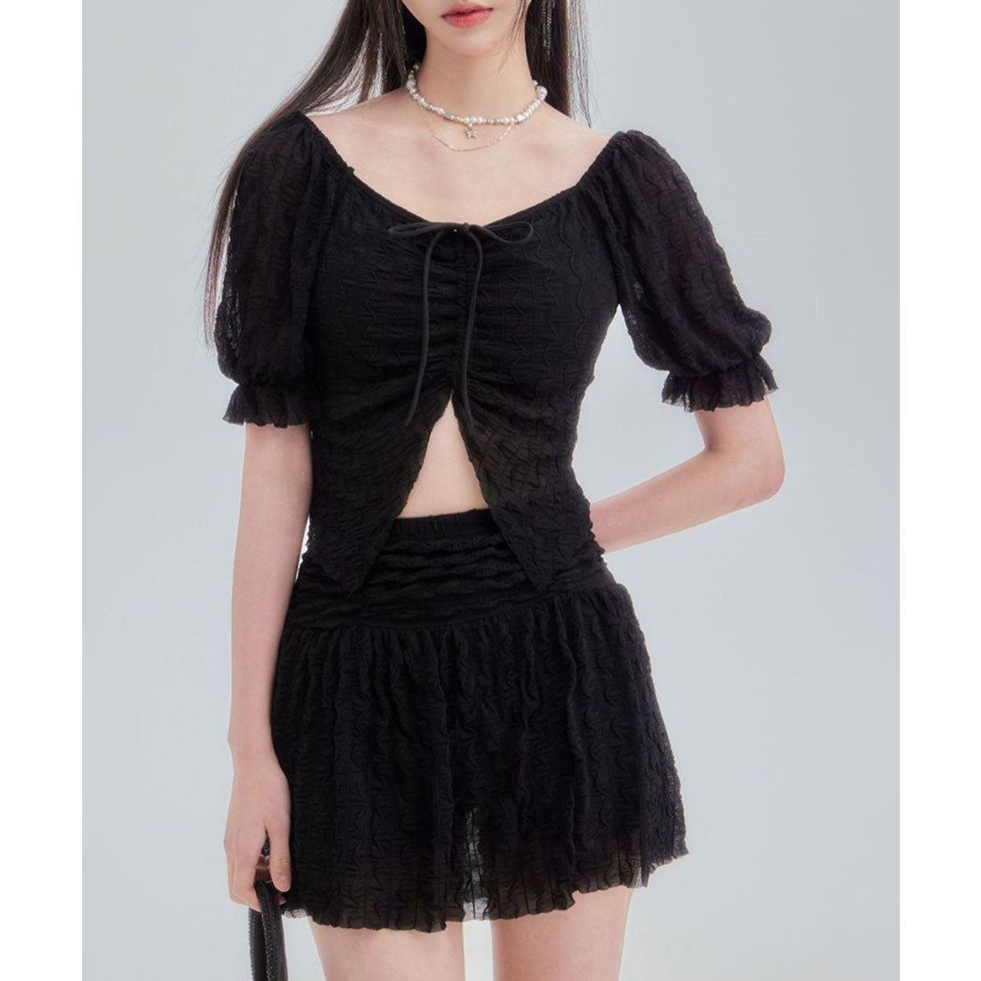 レースレディース Lace Ladies 【2点セット】フロントシャーリング シアー パフスリーブ セパレート 水着【返品不可商品】 (ブラック) ブラック