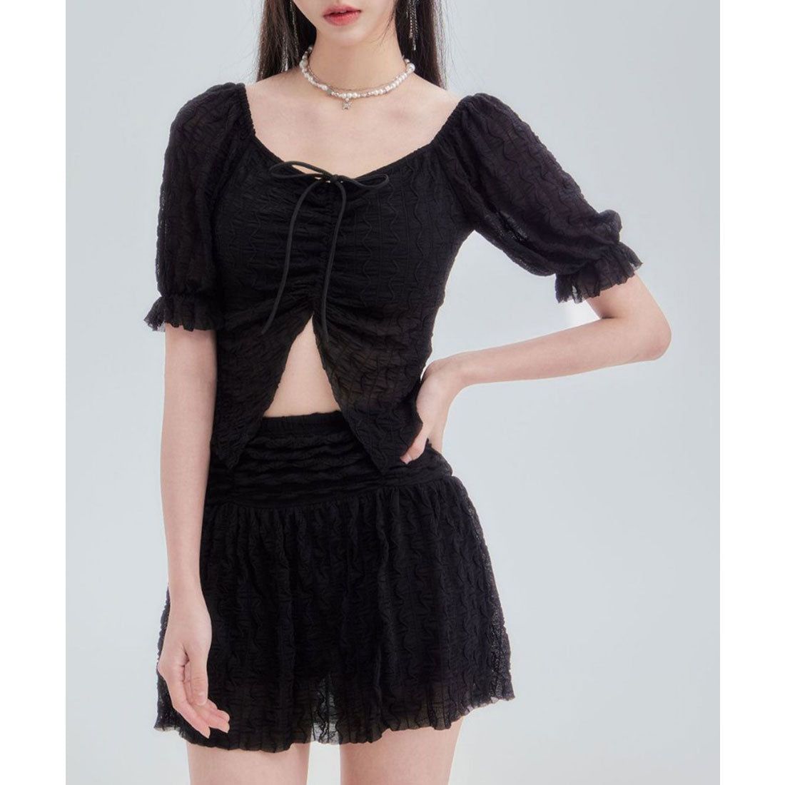 レースレディース Lace Ladies 【2点セット】フロントシャーリング シアー パフスリーブ セパレート 水着【返品不可商品】 (ブラック) ブラック