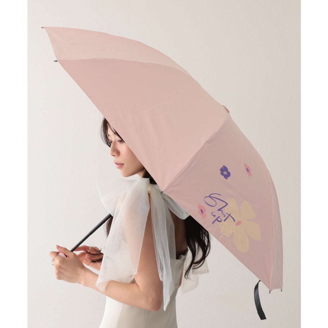 レースレディース Lace Ladies 晴雨兼用 配色 フラワー コンパクト 折りたたみ傘 (ピンク) ピンク