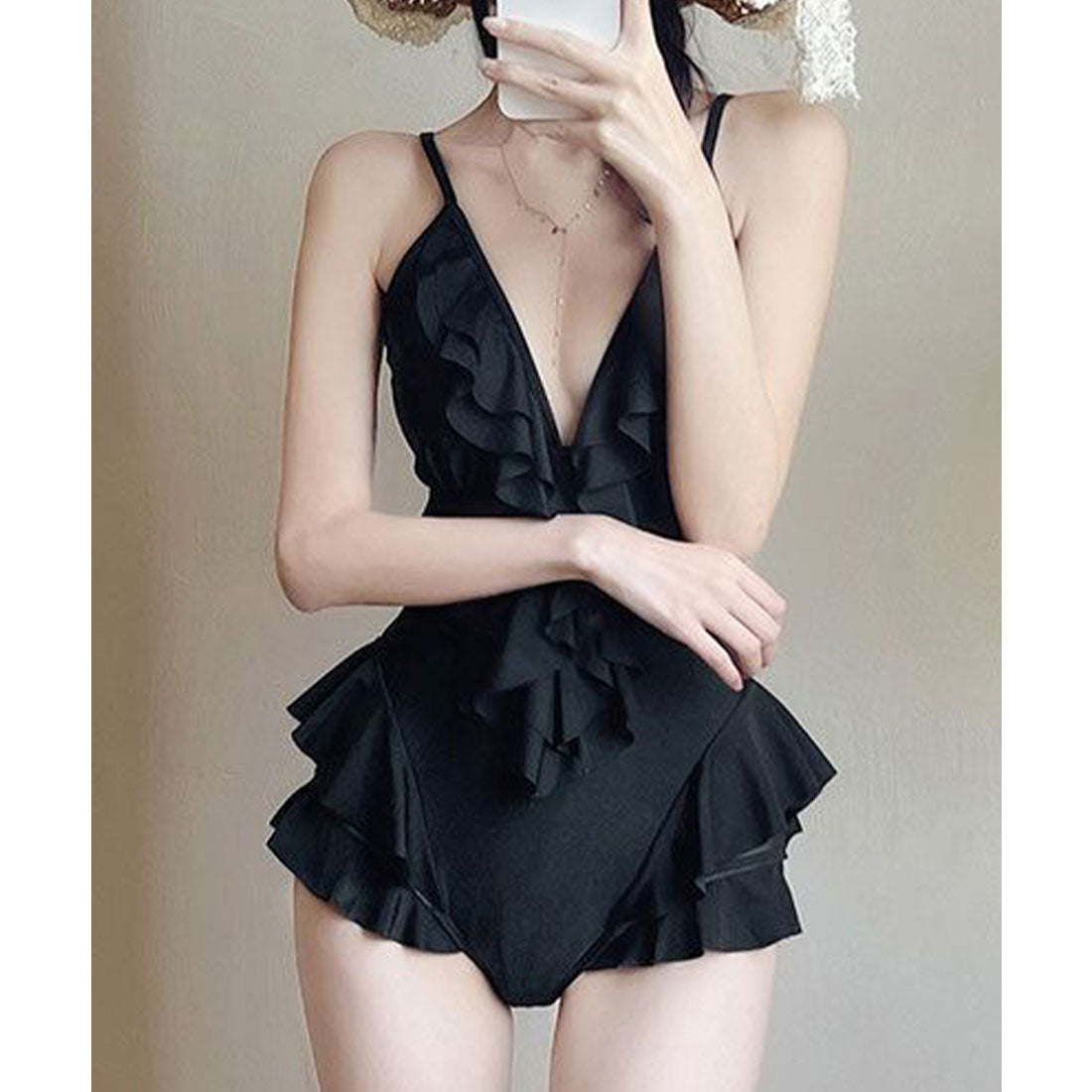レースレディース Lace Ladies ラッフルフリル 深V フロントオープン キャミソール ワンピース 水着 (ブラック) ブラック