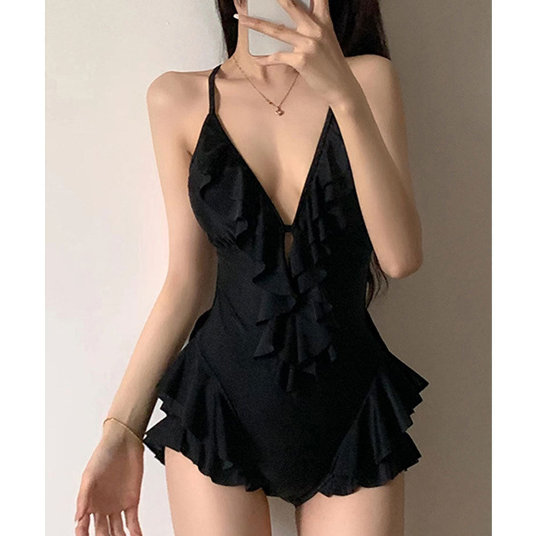 レースレディース Lace Ladies ラッフルフリル 深V フロントオープン キャミソール ワンピース 水着 (ブラック) ブラック