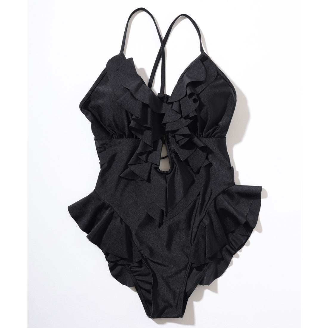 レースレディース Lace Ladies ラッフルフリル 深V フロントオープン キャミソール ワンピース 水着 (ブラック) ブラック