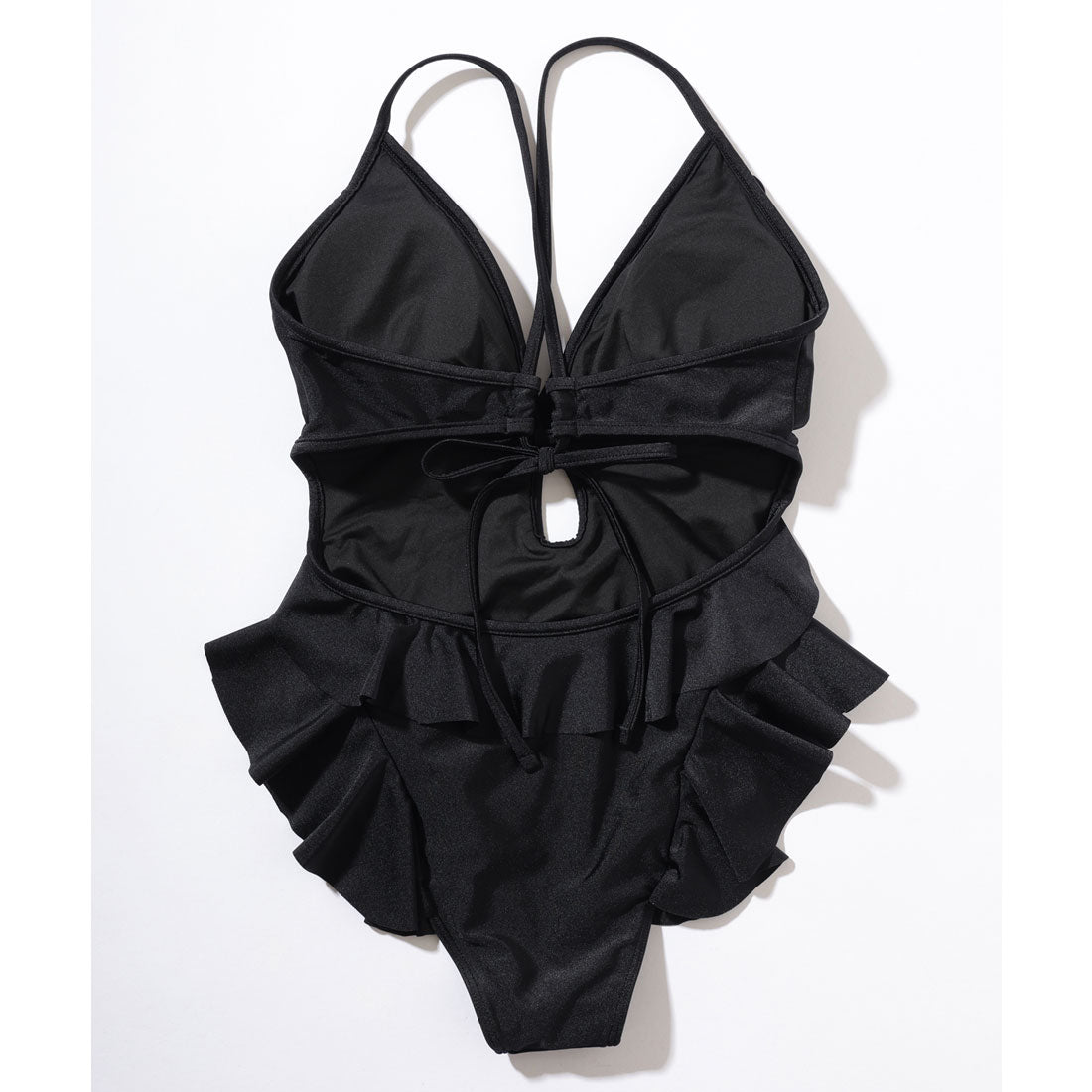 レースレディース Lace Ladies ラッフルフリル 深V フロントオープン キャミソール ワンピース 水着 (ブラック) ブラック