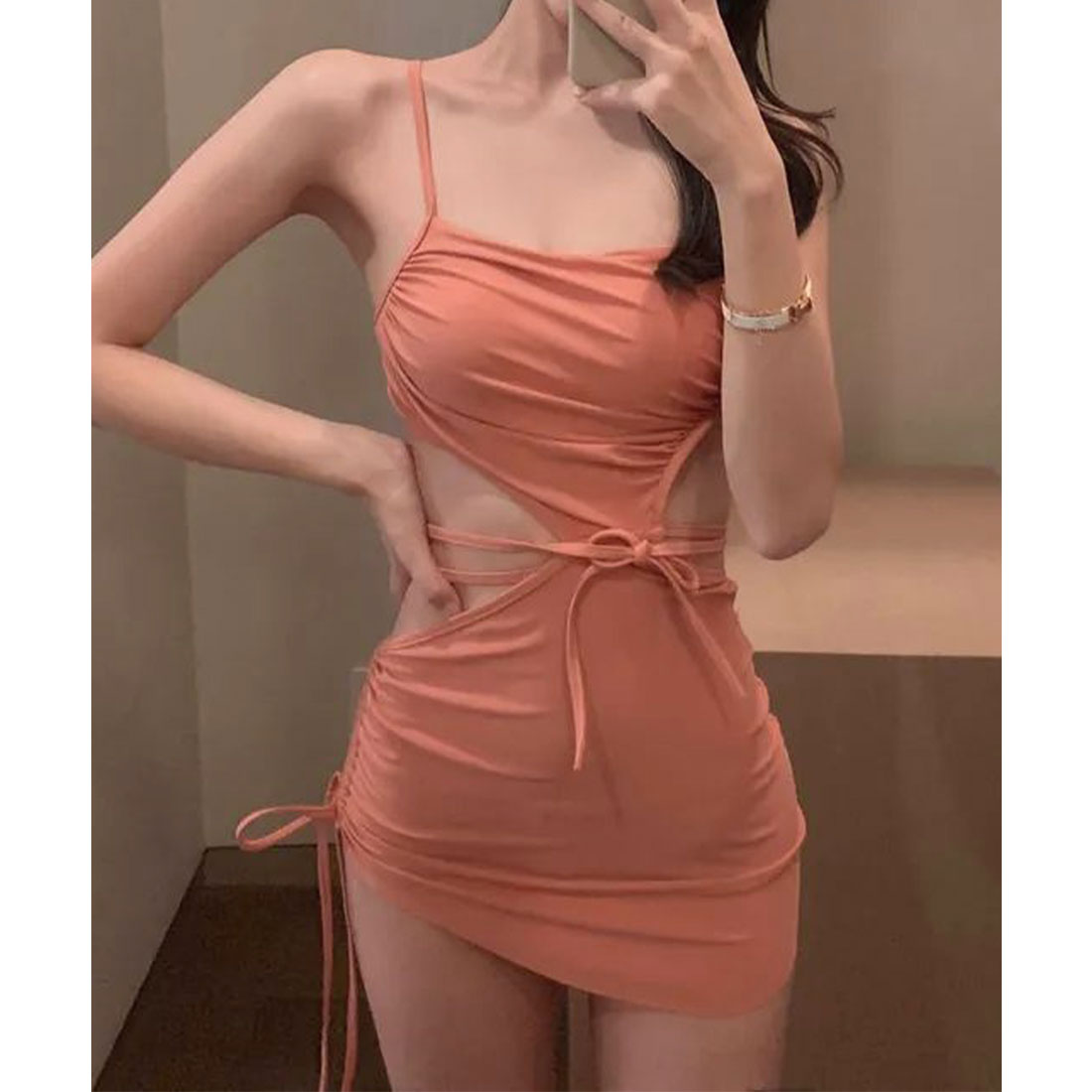 レースレディース Lace Ladies 【2点セット】サイドオープン ドローストリング ワンピース ショーツ付き セパレート水着 (ピンク) ピンク