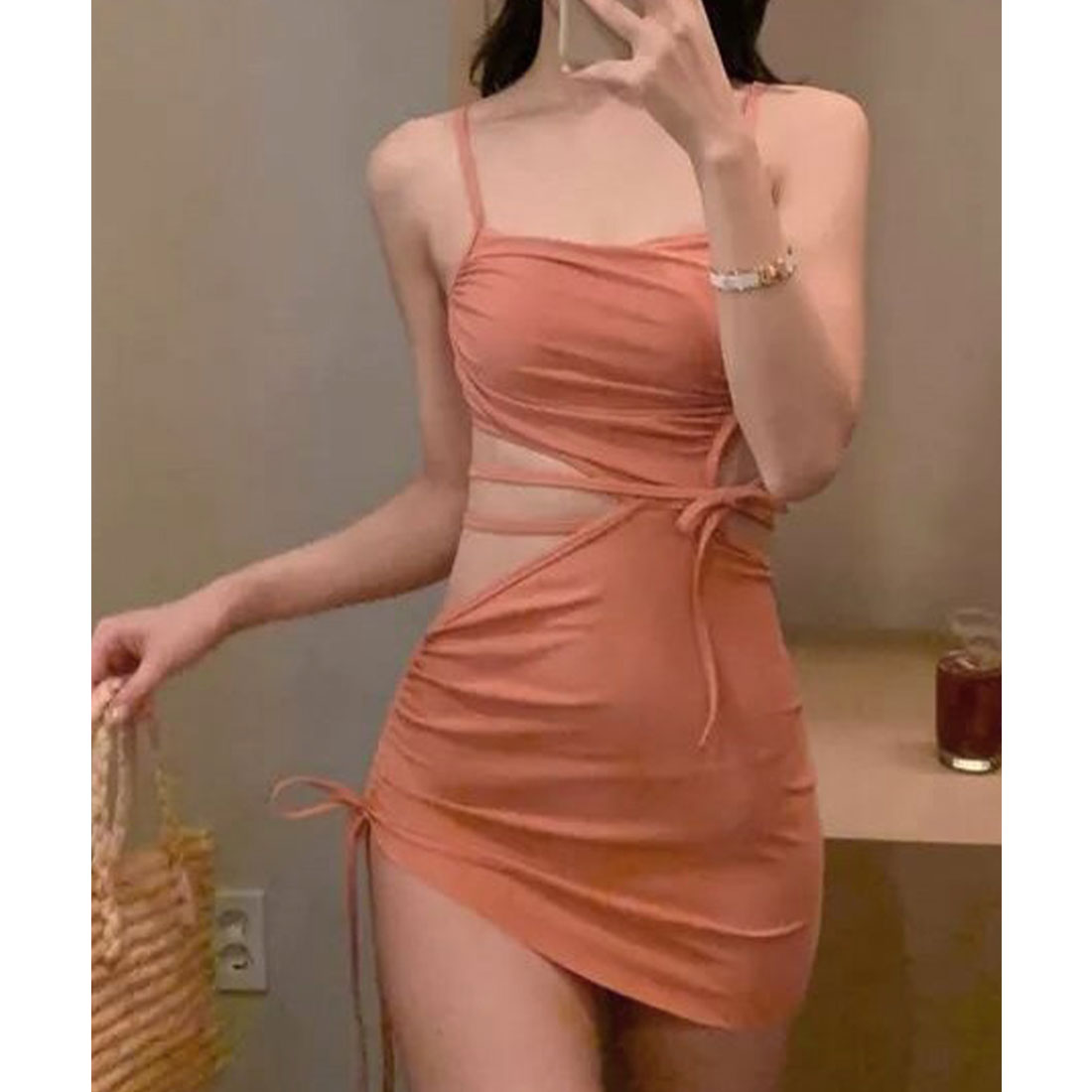 レースレディース Lace Ladies 【2点セット】サイドオープン ドローストリング ワンピース ショーツ付き セパレート水着 (ピンク) ピンク